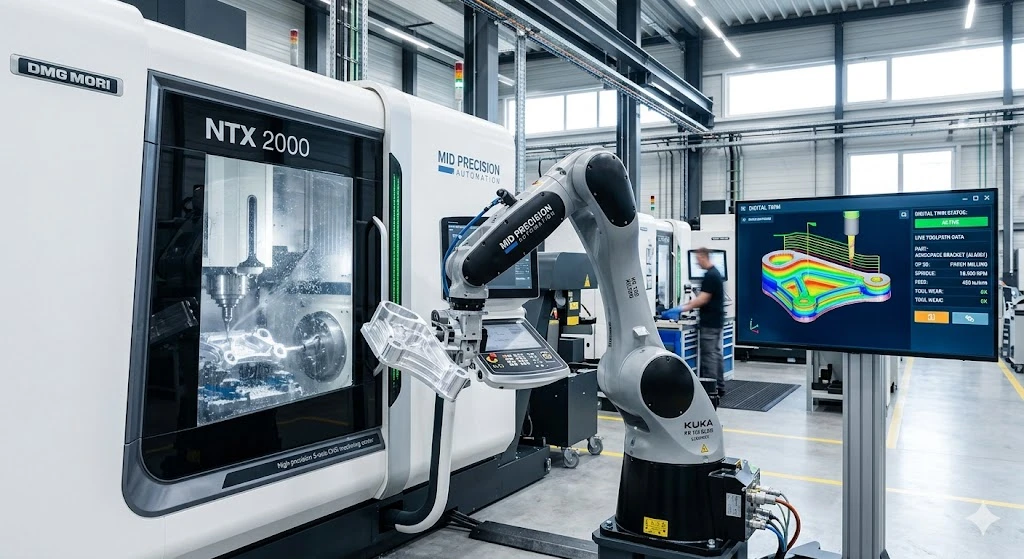 Modern CNC shop floor showcasing automated robotic loading and digital twin technology for precision machining. Modern CNC shop floor showcasing automated robotic loading and digital twin technology for precision machining.