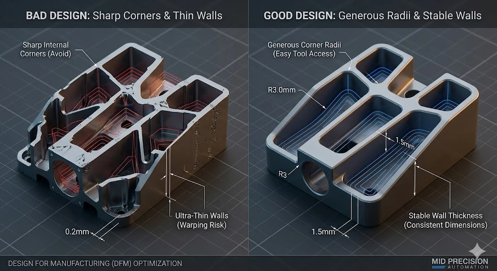 CNC design for manufacturing (DFM) comparison, illustrating how geometric optimizations like corner radii reduce production costs. CNC design for manufacturing (DFM) comparison, illustrating how geometric optimizations like corner radii reduce production costs.